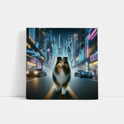 Shetland Sheepdog Walking Neon Cyberpunk City Street