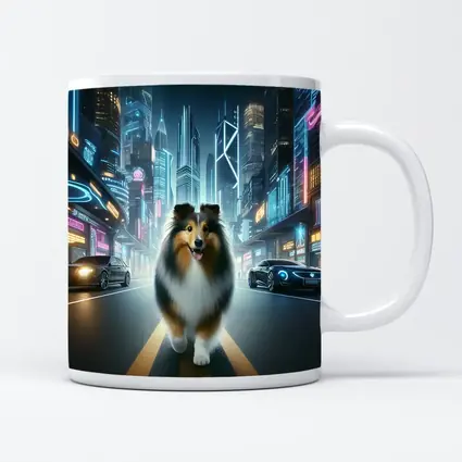 Shetland Sheepdog Walking Neon Cyberpunk City Street