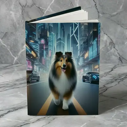 Shetland Sheepdog Walking Neon Cyberpunk City Street