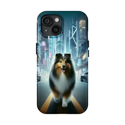 Shetland Sheepdog Walking Neon Cyberpunk City Street