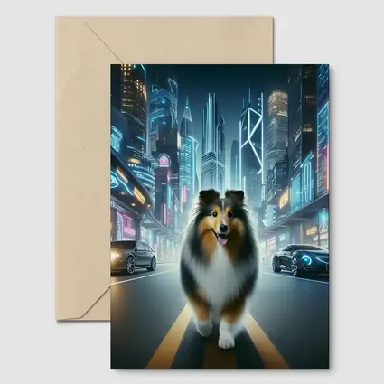Shetland Sheepdog Walking Neon Cyberpunk City Street