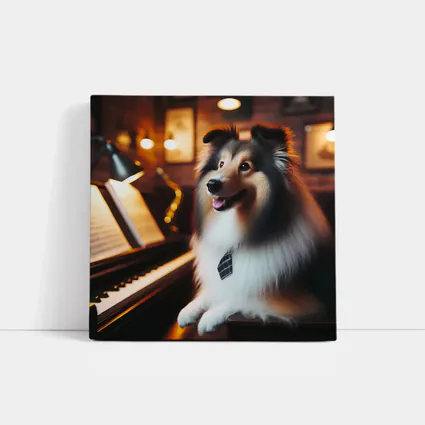 Shetland Sheepdog Playing Piano Cozy Room