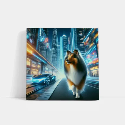 Shetland Sheepdog Walking Neon Futuristic City Night