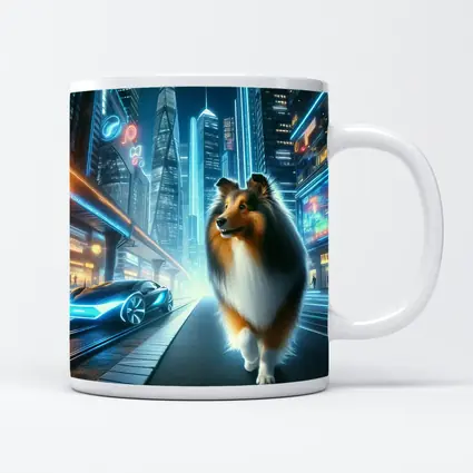 Shetland Sheepdog Walking Neon Futuristic City Night