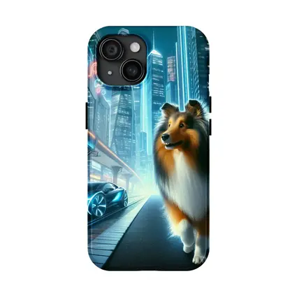 Shetland Sheepdog Walking Neon Futuristic City Night
