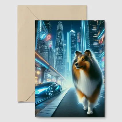 Shetland Sheepdog Walking Neon Futuristic City Night