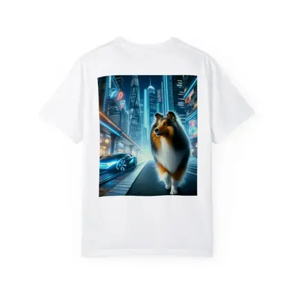 Shetland Sheepdog Walking Neon Futuristic City Night