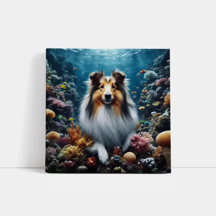 Rough Collie Dog Underwater Coral Reef Scene
