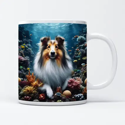 Rough Collie Dog Underwater Coral Reef Scene