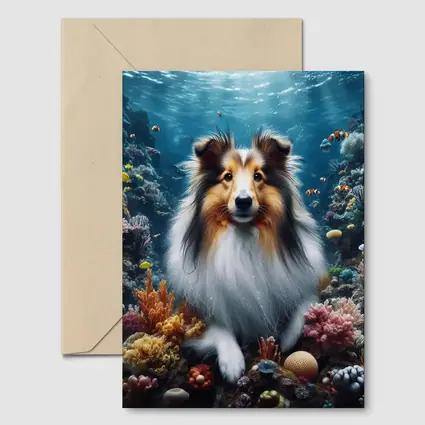 Rough Collie Dog Underwater Coral Reef Scene