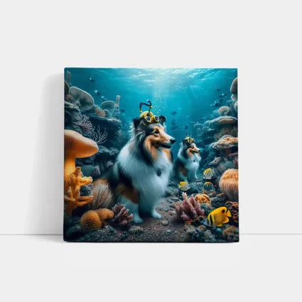 Shetland Sheepdog Diving Underwater Coral Reef