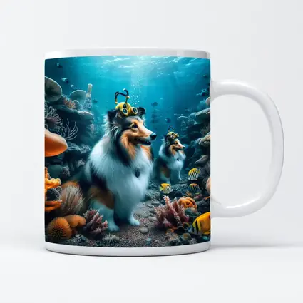 Shetland Sheepdog Diving Underwater Coral Reef