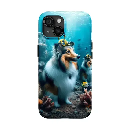 Shetland Sheepdog Diving Underwater Coral Reef
