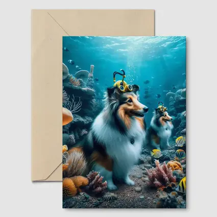 Shetland Sheepdog Diving Underwater Coral Reef