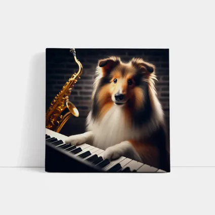 Rough Collie Playing Piano With Saxophone