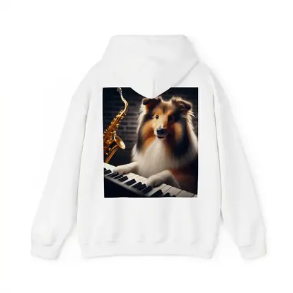 Rough Collie Playing Piano With Saxophone