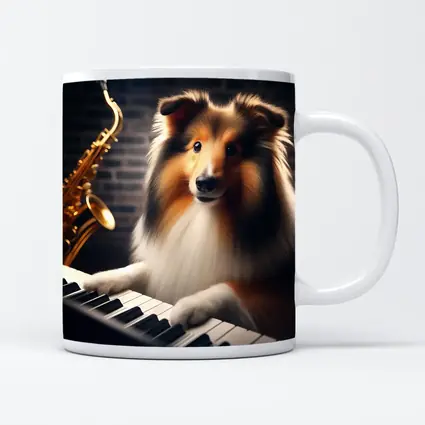 Rough Collie Playing Piano With Saxophone