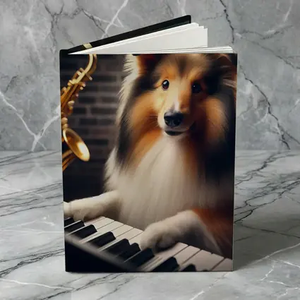Rough Collie Playing Piano With Saxophone