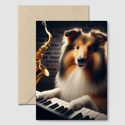 Rough Collie Playing Piano With Saxophone
