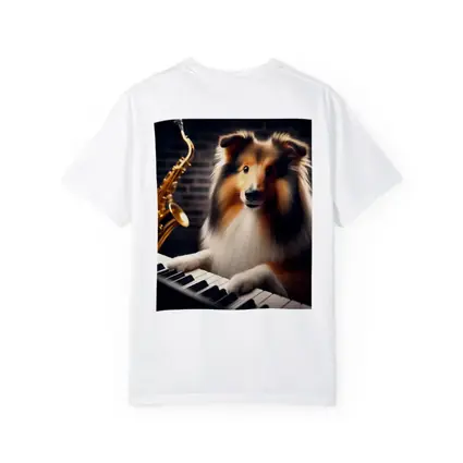 Rough Collie Playing Piano With Saxophone