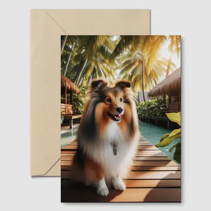 Shetland Sheepdog Sitting Tropical Resort Boardwalk