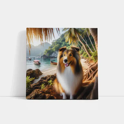 Rough Collie Dog Sitting Tropical Beach