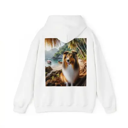Rough Collie Dog Sitting Tropical Beach