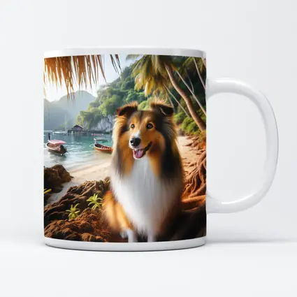 Rough Collie Dog Sitting Tropical Beach