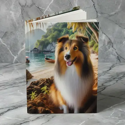 Rough Collie Dog Sitting Tropical Beach