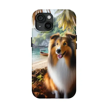 Rough Collie Dog Sitting Tropical Beach