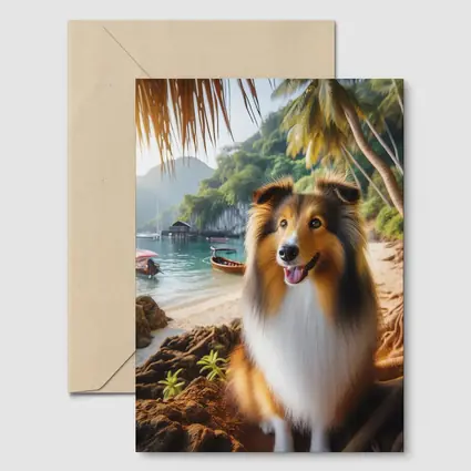 Rough Collie Dog Sitting Tropical Beach
