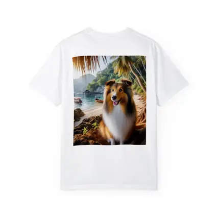 Rough Collie Dog Sitting Tropical Beach