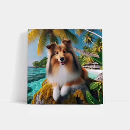 Shetland Sheepdog Relaxing on Tropical Beach
