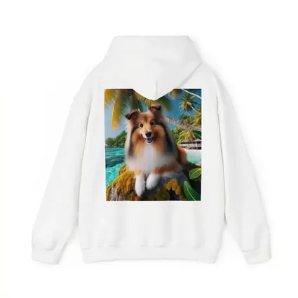 Shetland Sheepdog Relaxing on Tropical Beach
