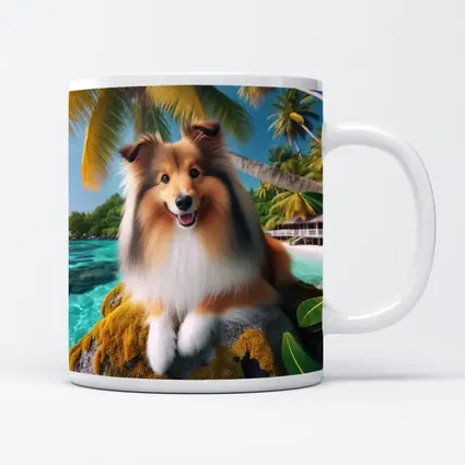 Shetland Sheepdog Relaxing on Tropical Beach