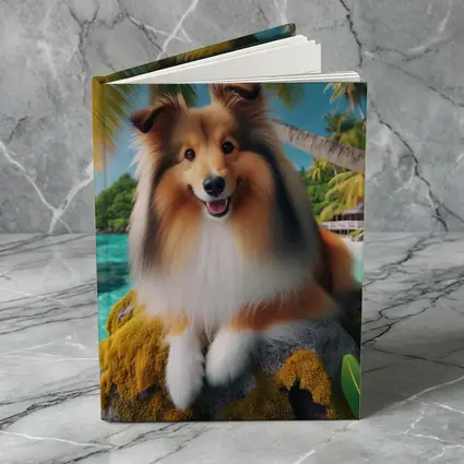 Shetland Sheepdog Relaxing on Tropical Beach