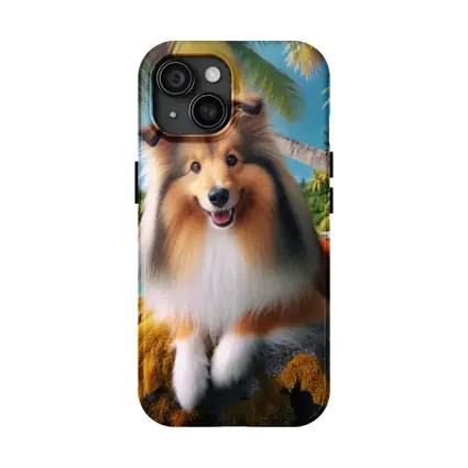 Shetland Sheepdog Relaxing on Tropical Beach