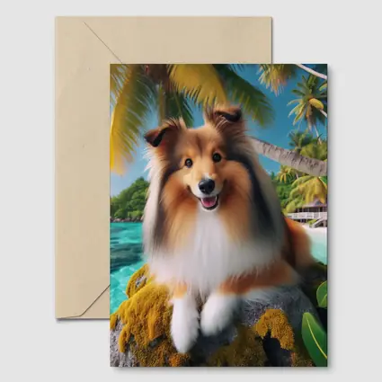 Shetland Sheepdog Relaxing on Tropical Beach
