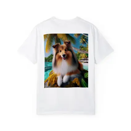 Shetland Sheepdog Relaxing on Tropical Beach