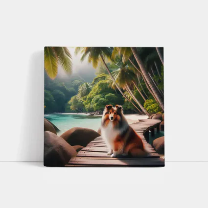 Rough Collie Sitting on Tropical Beach Dock
