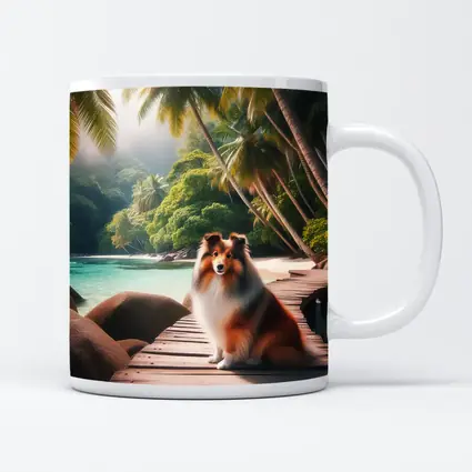 Rough Collie Sitting on Tropical Beach Dock