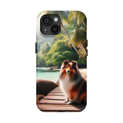 Rough Collie Sitting on Tropical Beach Dock