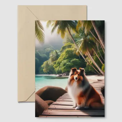 Rough Collie Sitting on Tropical Beach Dock