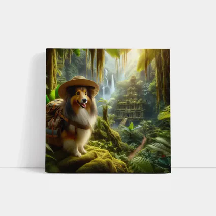 Collie Explorer Wearing Hat Jungle Ruins