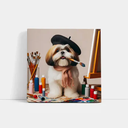 Shih Tzu Artist Beret Paintbrush Studio Setting