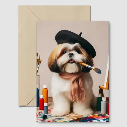Shih Tzu Artist Beret Paintbrush Studio Setting
