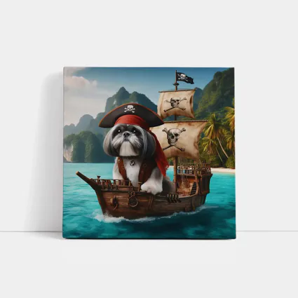 Shih Tzu Pirate Captain on Wooden Ship
