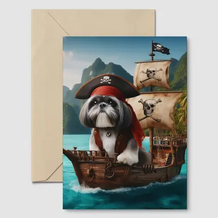 Shih Tzu Pirate Captain on Wooden Ship