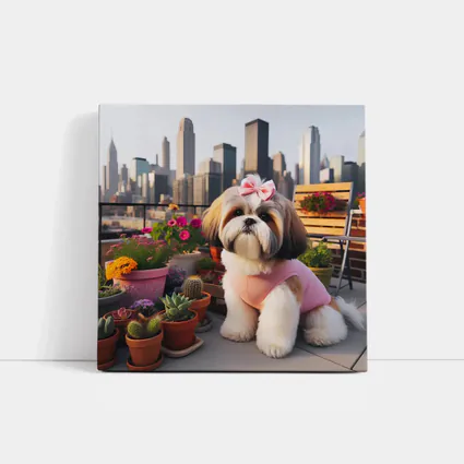Shih Tzu Dog City Skyline Balcony Flowers