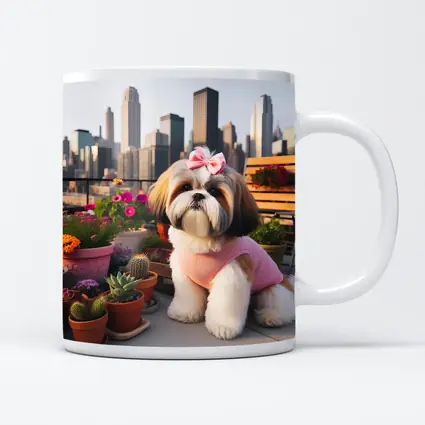 Shih Tzu Dog City Skyline Balcony Flowers